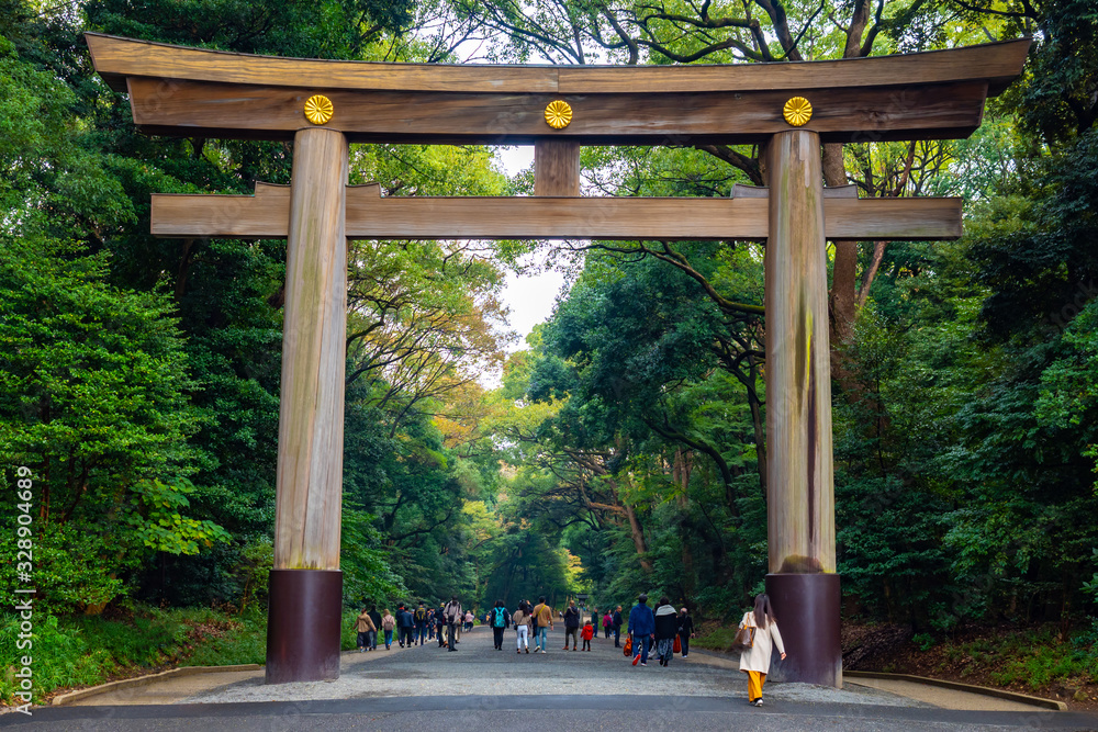 Japan. Meijijingu Gaien Park in Tokyo. Shinjuku Large wooden arch in a japanese park. Japanese gate. Tourists walk through the park in Tokyo. Tours in the cities of Japan. Sights of Tokyo. Japan. Meijijingu Gaien Park in Tokyo. Shinjuku Large wooden arch in a japanese park. Japanese gate. Tourists walk through the park in Tokyo. Tours in the cities of Japan. Sights of Tokyo.