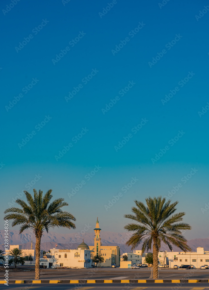 Two palm trees with the mosque in the background at Sur's bay, Oman