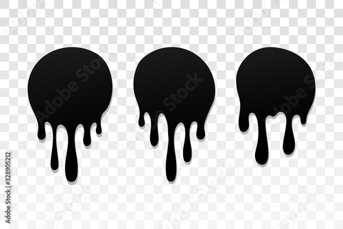 Drip paint set. Ink stain. Drop melt liquid isolated on white transparent background. Splash chocolate  oil  blood. Black splatter syrup  candy sauce  caramel. Color easy to edit. Vector illustration