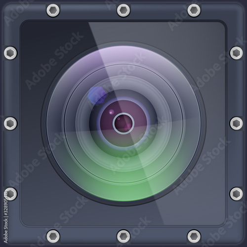 Camera lens with protection. Action camera in safe protective cover. Lens with reflex closeup. Vector 3d illustration