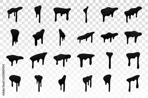 Drip paint set. Ink stain. Drop melt liquid isolated on white transparent background. Splash chocolate, oil, blood. Black splatter syrup, candy sauce, caramel. Color easy to edit. Vector illustration