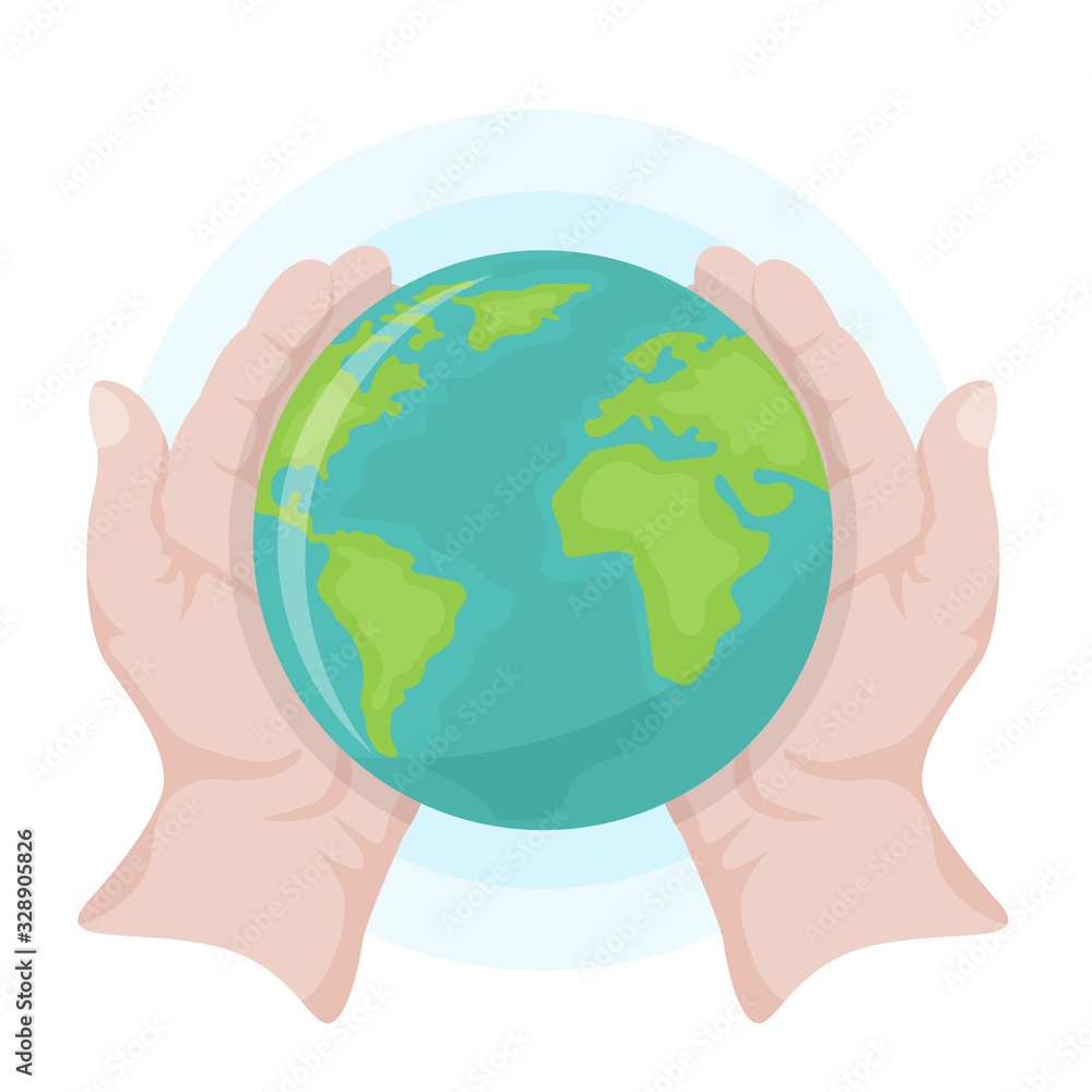 Fototapeta premium Earth day illustration. Open hands holding mother Earth