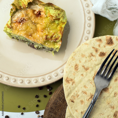 A piece of mexican tortilla pie, close up