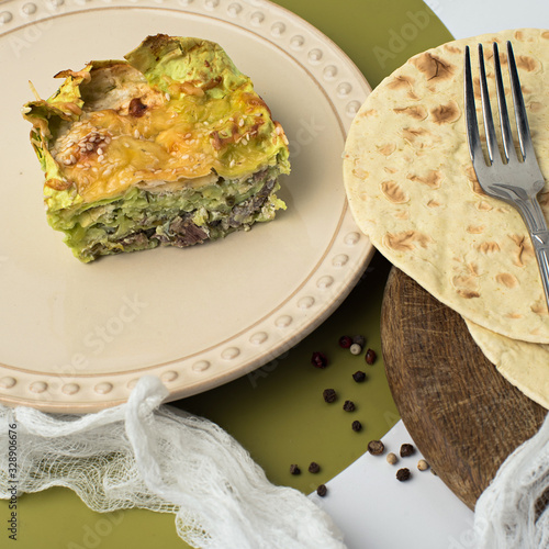 A piece of mexican tortilla pie, close up