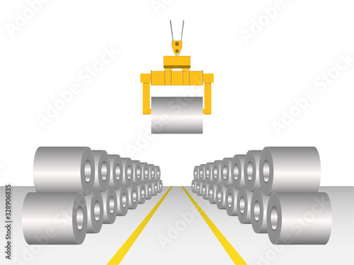 Rolled steel coil, steel, strap storage in factory warehouse, Crane handling to storage. Isolated illustration