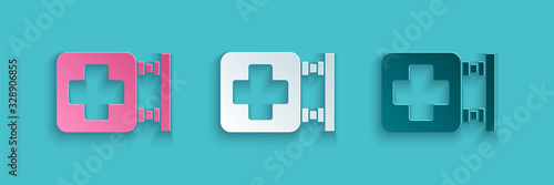 Paper cut Hospital signboard icon isolated on blue background. Paper art style. Vector Illustration