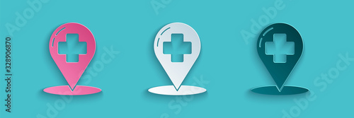 Paper cut Medical map pointer with cross hospital icon isolated on blue background. Paper art style. Vector Illustration