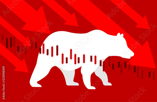 Stock market. Candle stick graph chart of stock market investment trading. Bullish point, down trend of graph. Bear Market. red background. Vector.