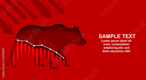 Stock market. Candle stick graph chart of stock market investment trading. Bullish point, down trend of graph. Bear Market. red background. Vector.