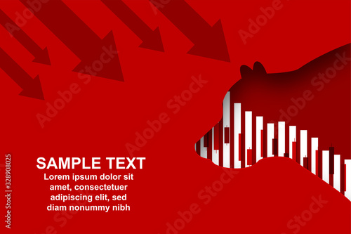 Stock market. Candle stick graph chart of stock market investment trading. Bullish point, down trend of graph. Bear Market. red background. Vector.