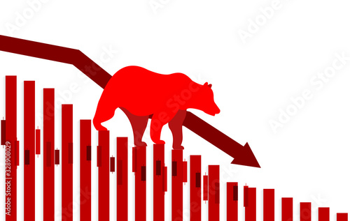 Stock market. Candle stick graph chart of stock market investment trading. Bullish point, down trend of graph. Bear Market. red background. Vector.