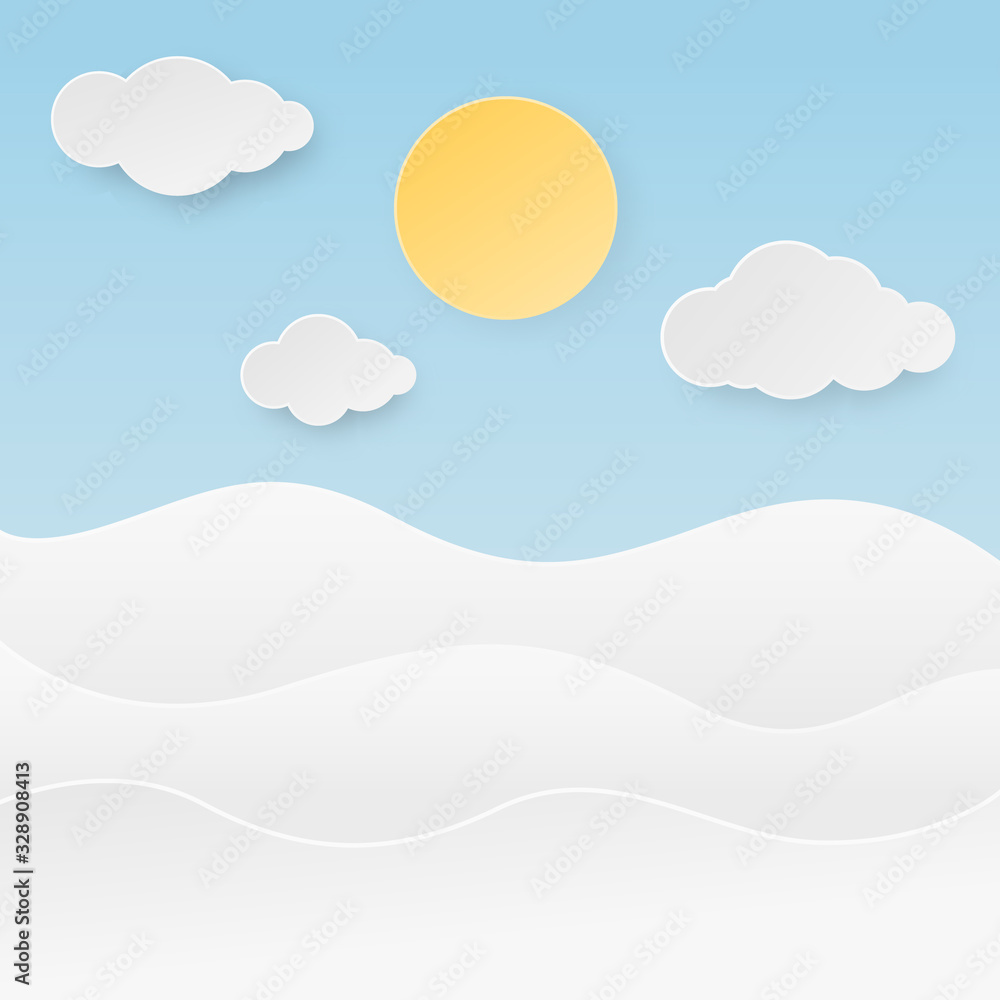 Ocean wave with sun, clouds and blue sky in paper cut style. Vector illustration.