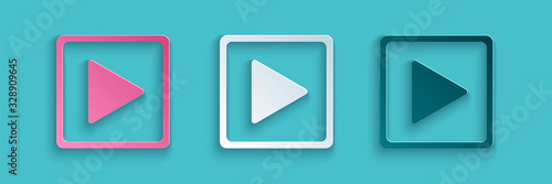 Paper cut Play in square icon isolated on blue background. Paper art style. Vector Illustration