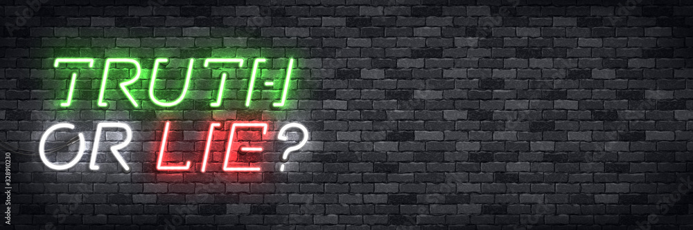 Vector realistic isolated neon sign of Truth or Lie flyer logo for template decoration on the wall background. Concept of quiz and mystery. Vector realistic isolated neon sign of Truth or Lie flyer logo for template decoration on the wall background. Concept of quiz and mystery.