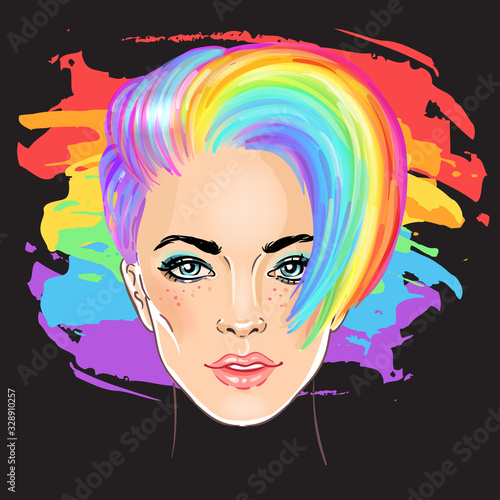 Portrait of a young pretty woman with short pixie haircut. Rainbow colored hair. LGBT concept. Vector illustration isolated on white. Hand drawn art of a modern girl.