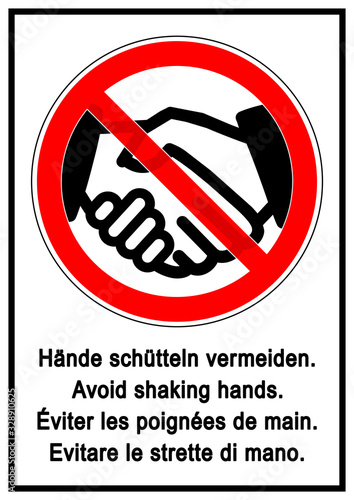 ks532 Kombi-Schild - english: multilingual illustration in 4 different languages sign. - german, english, français, italiano - no handshake poster - DIN A2 A3 A4 - xxl g9188 photo