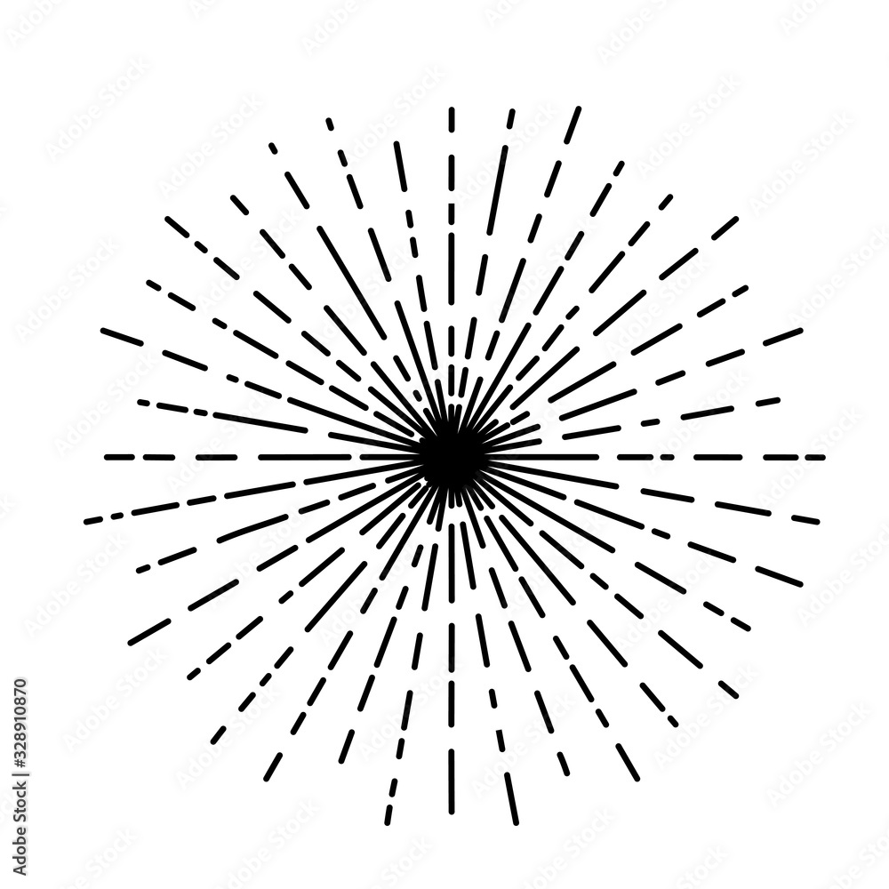 Obraz premium Outline drawing of rays of the sun in vintage style. Tattoo flesh design, yoga logo. Boho print, poster, t-shirt textile. Anti stress book. Isolated vector illustration.