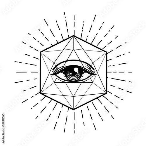 Blackwork tattoo flash. Eye of Providence. Masonic symbol. All seeing eye inside triangle pyramid. New World Order. Sacred geometry, religion, spirituality, occultism. Isolated vector illustration.