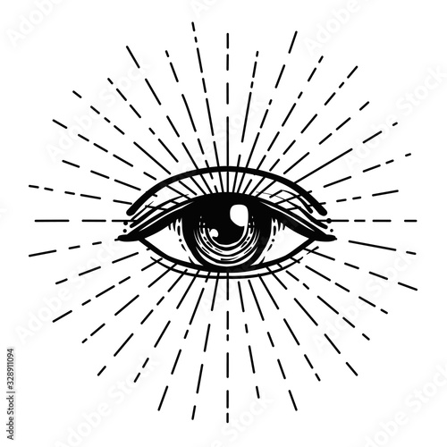 Blackwork tattoo flash. Eye of Providence. Masonic symbol. All seeing eye inside triangle pyramid. New World Order. Sacred geometry, religion, spirituality, occultism. Isolated vector illustration.