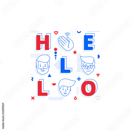 Poster Hello - geometric font in memphis style