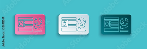 Paper cut Passport with visa stamp icon isolated on blue background. Identification Document. Paper art style. Vector Illustration