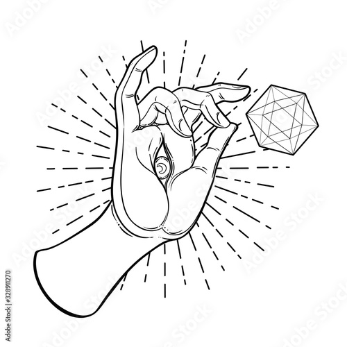 Lord Buddha's hand with eye holding Lotus flower. Isolated vector illustration of Mudra. Hindu motifs. Tattoo, yoga, spirituality, textiles. Sketchy style, hand drawn. Vintage drawing.