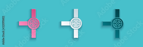 Paper cut Industry metallic pipes and valve icon isolated on blue background. Paper art style. Vector Illustration