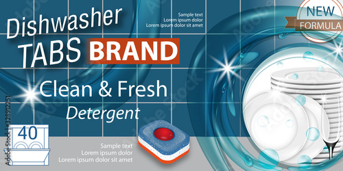Dishwasher detergent tabs. Dish wash advertisement poster layout or banner. Package design realistic with plates and wineglass in water splash and tablets. Vector