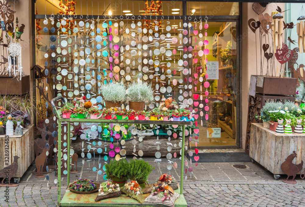 exhibition in a flower shop in the historic center of Bolzano in South Tyrol, northern Italy - November 9, 2019