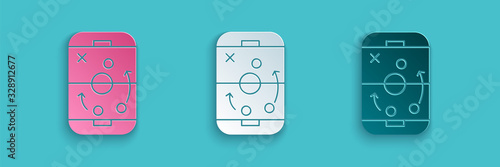 Paper cut Planning strategy concept icon isolated on blue background. Hockey cup formation and tactic. Paper art style. Vector Illustration
