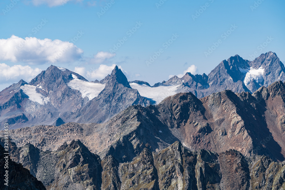 Mountains and peaks landscape covered with glaciers and snow, natural environment. Hiking in the Gaislach. Ski resort in Tirol alps, Austria, Europe