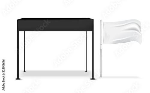 3D Mock up Realistic Tent Display POP Booth for Shop Sale Marketing Promotion Exhibition with Metallic and Flag Template Background Illustration
