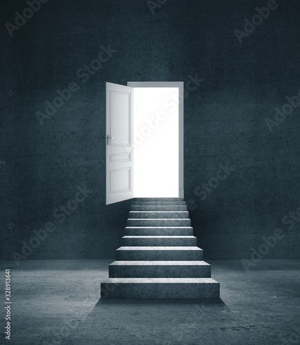 Abstract concrete interior with stairs and open door w photo