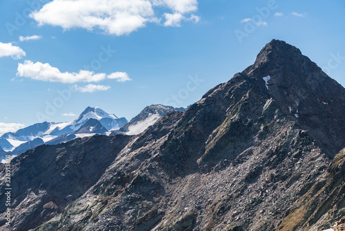 Mountains and peaks landscape covered with glaciers and snow, natural environment. Hiking in the Gaislach. Ski resort in Tirol alps, Austria, Europe