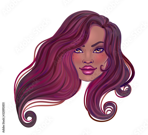 Beautiful woman with long wavy hair flowing in the wind. Hair salon concept. vector illustration isolated. Portrait of a young African American woman. Glamour Fashion concept.