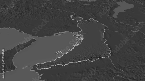 Osaka, urban prefecture with its capital, zoomed and extruded on the bilevel map of Japan in the conformal Stereographic projection. Animation 3D