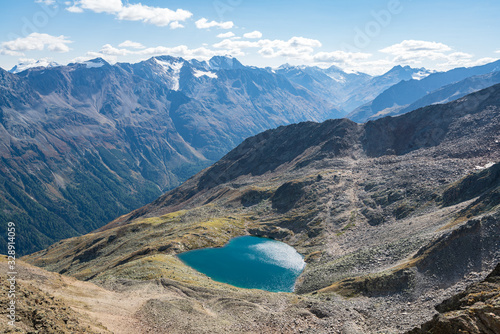 Mountains and peaks landscape covered with glaciers and snow, natural environment. Hiking in the Gaislach. Ski resort in Tirol alps, Austria, Europe