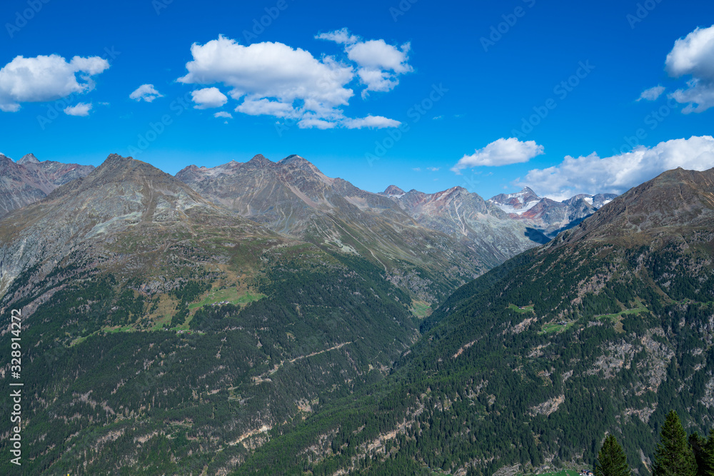 Naklejka premium Mountains and peaks landscape covered with glaciers and snow, natural environment. Hiking in the Gaislach. Ski resort in Tirol alps, Austria, Europe