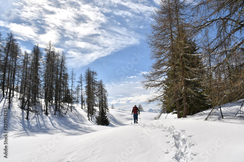 Snowshoe hiker at Pillaz hill, near Chamois in the Aosta valley