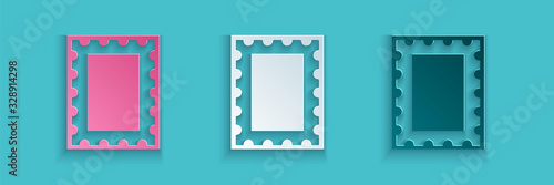 Paper cut Postal stamp icon isolated on blue background. Paper art style. Vector Illustration