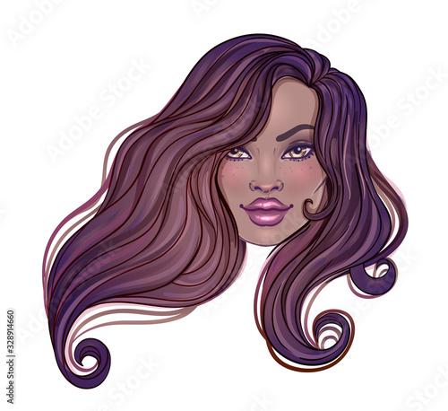 Beautiful woman with long wavy hair flowing in the wind. Hair salon concept. vector illustration isolated. Portrait of a young African American woman. Glamour Fashion concept.