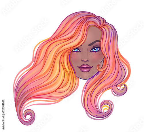 Beautiful redhead woman with long wavy hair flowing in the wind. Hair salon c...