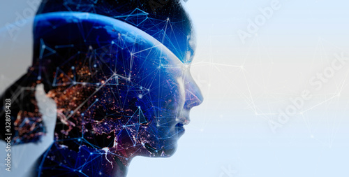 Double exposure of business woman with The World of Futuristic internet communication concept.Elements of this image furnished by NASA. photo