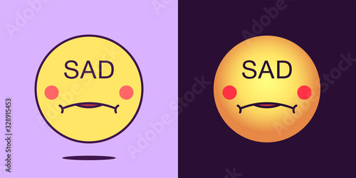 Emoji face icon with phrase Sad. Unhappy emoticon with text Sad. Set of cartoon faces, emotion icon for social media