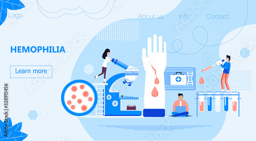 Hemophilia concept vector. Tiny doctors examine the non-coagulability of blood , treat the patient. Hand with a bleeding, unhealed wound. Detailed test for red blood cells