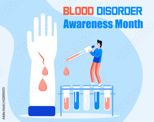 Blood Disorder Awareness Month in March. Hemophilia concept vector. Tiny doctors examine the non-coagulability of blood, treat the patient. Hand with a bleeding