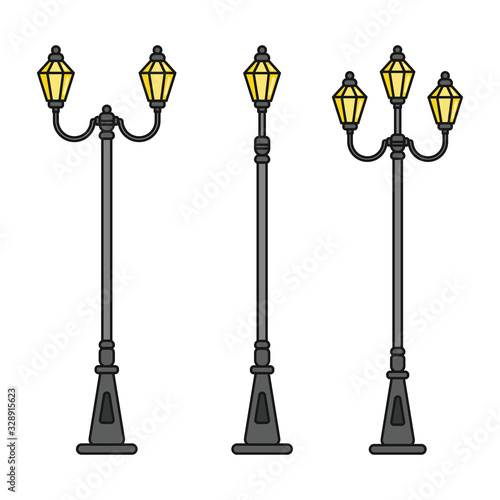 Streetlight vintage lamps with turned on light. Icons isolated on white background