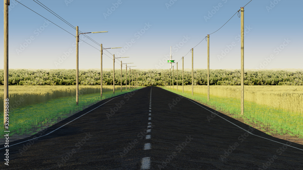 Eine Landstraße durch Weizenfelder