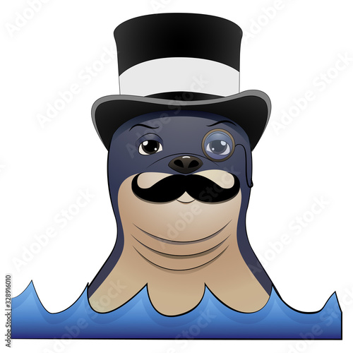 Seal animal wiith mustache, monocle and a hat on his head.