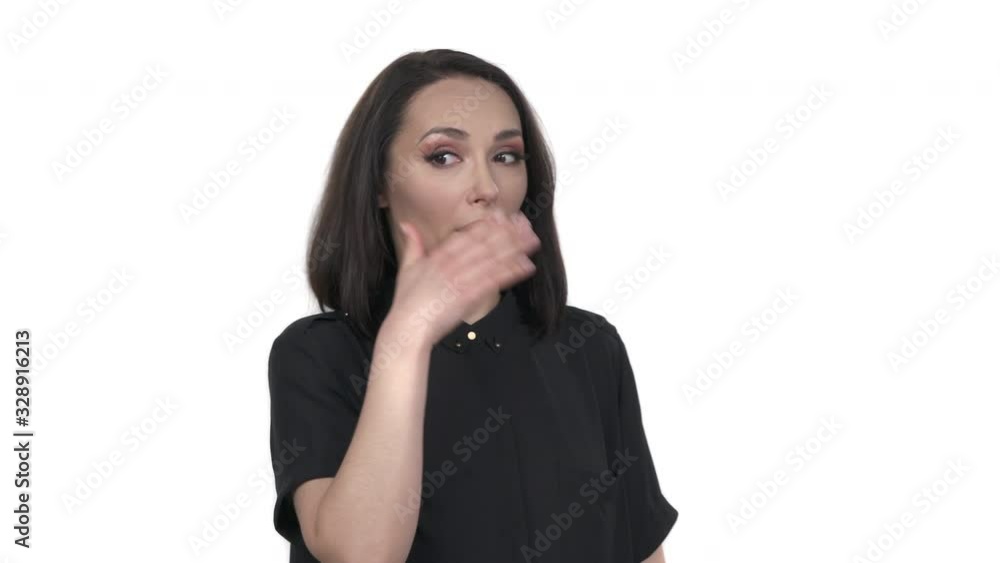 Woman feeling disgusted from bad smell. Isolated, on white background Woman feeling disgusted from bad smell. Isolated, on white background